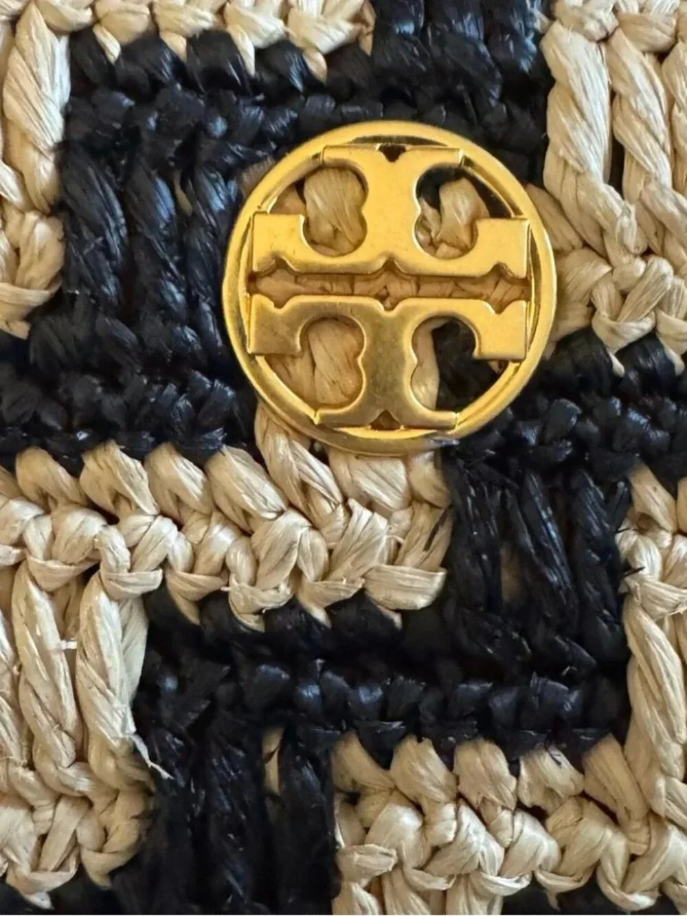 NWT TORY BURCH WILLA Straw Wallet Clutch Black Pale Khaki Leather Gold Logo